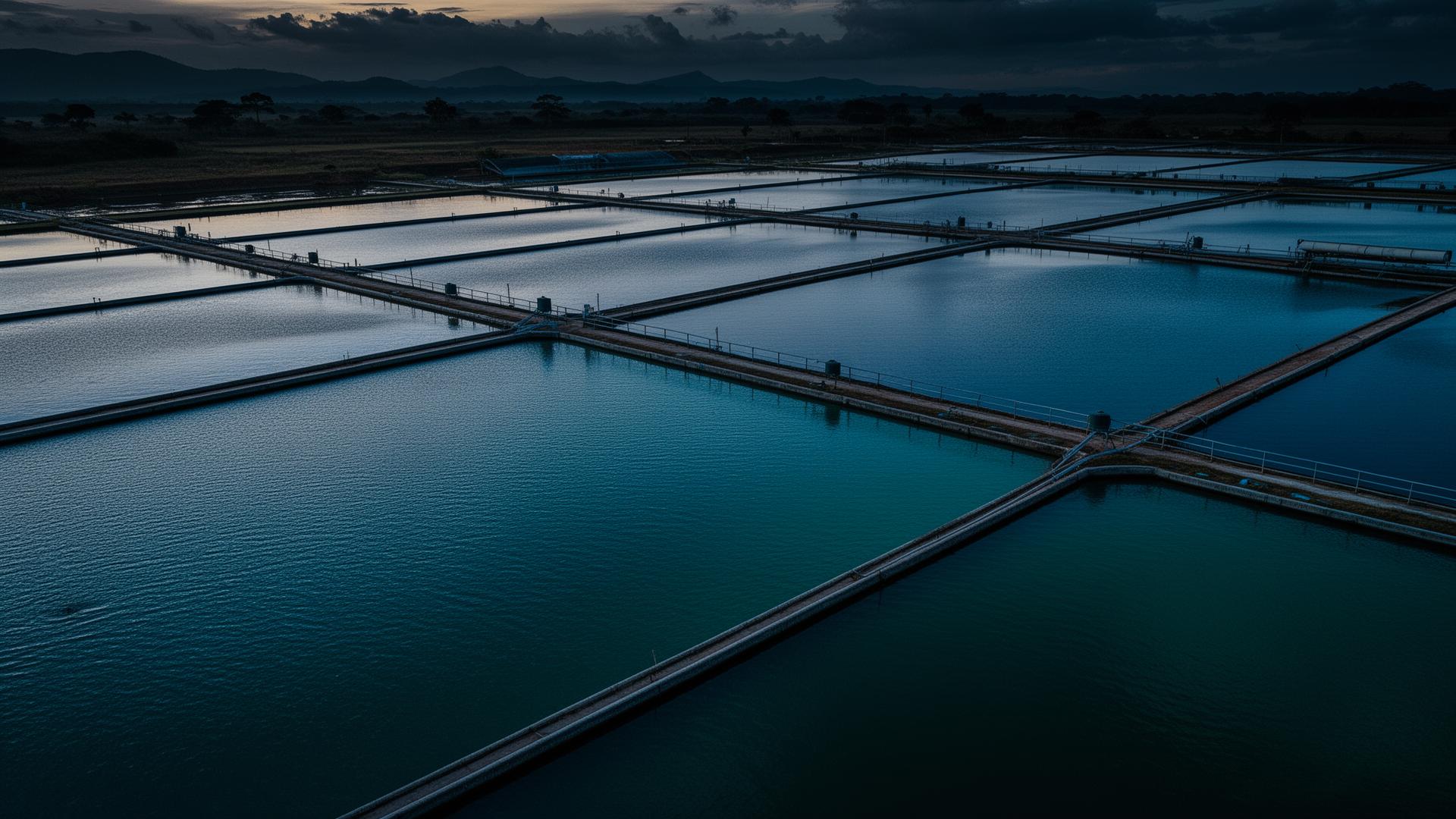 Viveiros de aquicultura ao entardecer